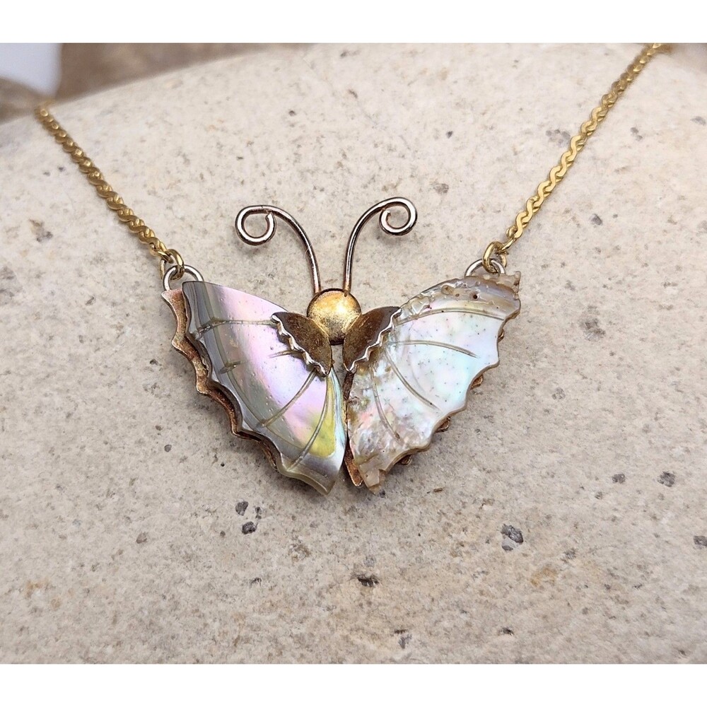 Vintage Butterfly Necklace Abalone Shell - Picture 1 of 11